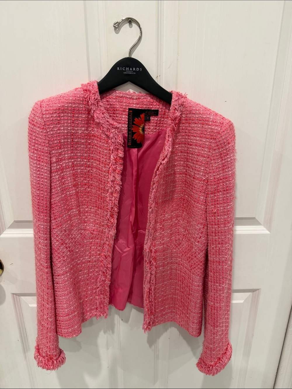 Pink Tweed Fringe Open Blazer - Unknown Brand